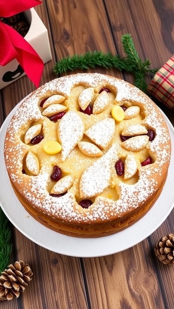 A baby-friendly Christmas cake with dried fruits, lightly dusted with powdered sugar, on a rustic table with holiday decorations.